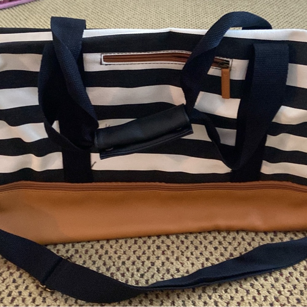 Striped Black and White Tote Bag with Tan Accents